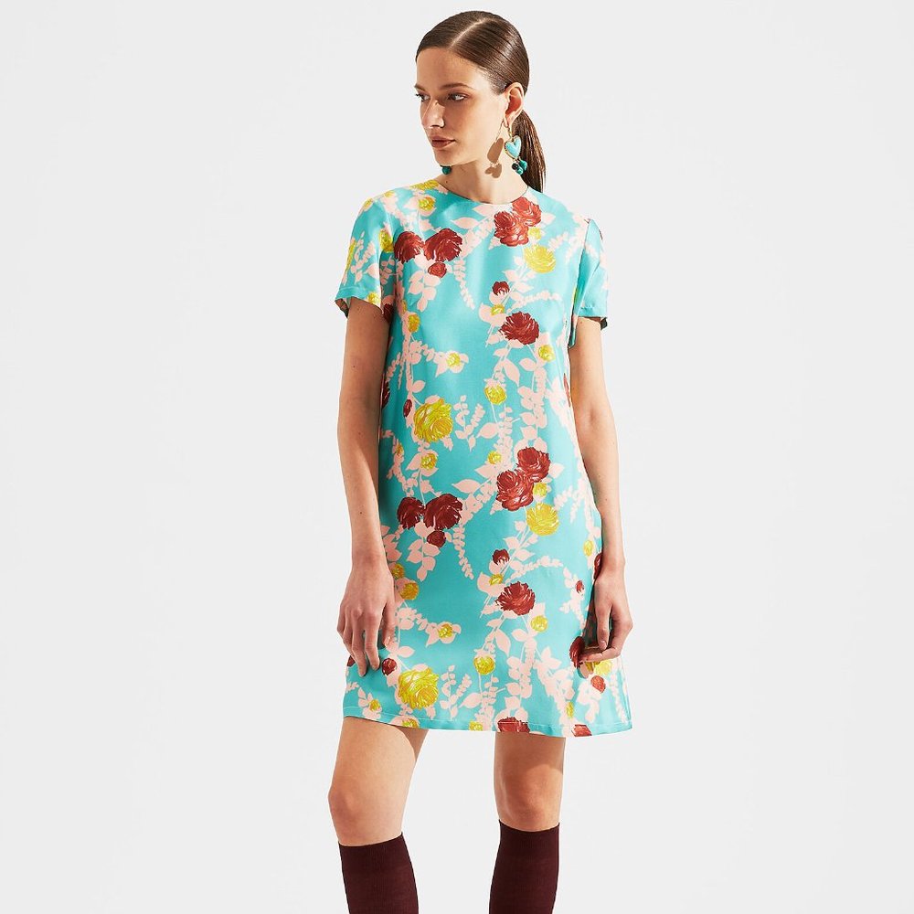 NWT La Double J Size L Large Mini Swing Dress Winter Rose Turchese in Silk Twill